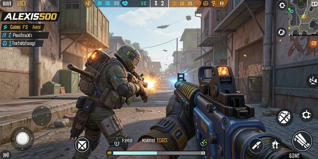 Screenshot gameplay ALEXIS500 menunjukkan aksi menembak yang mendebarkan.
