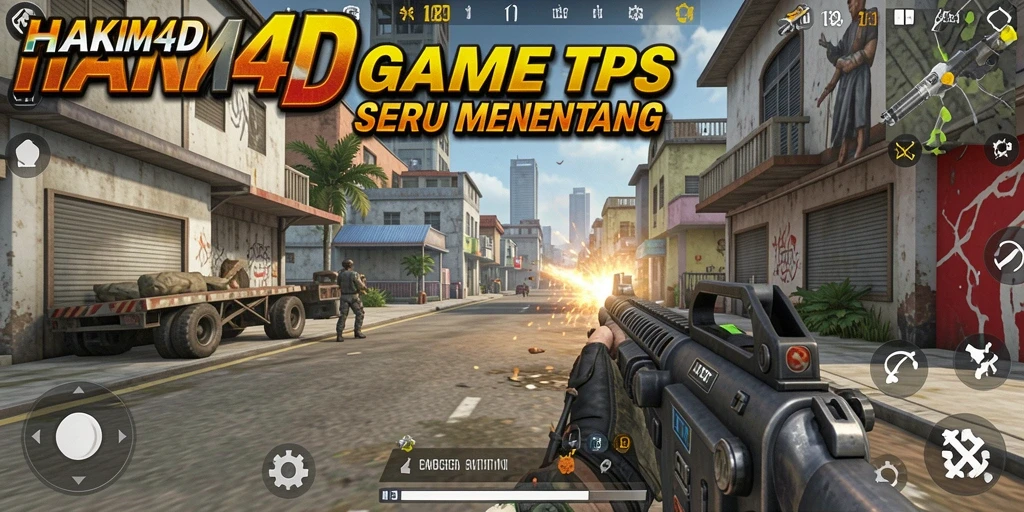 Screenshot utama gameplay HAKIM4D yang menampilkan aksi tembak-menembak yang seru.