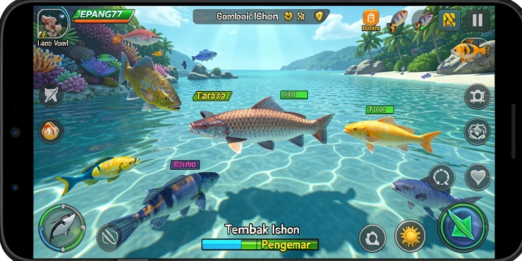 Screenshot gameplay JEPANG77 menampilkan aksi menangkap ikan.
