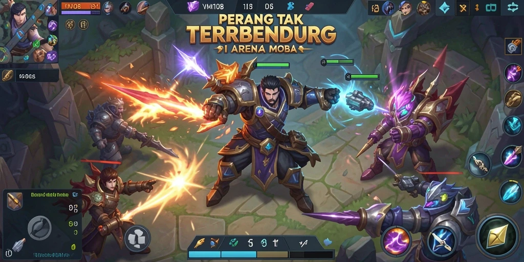Tampilan gameplay seru di arena pertempuran MOBA.